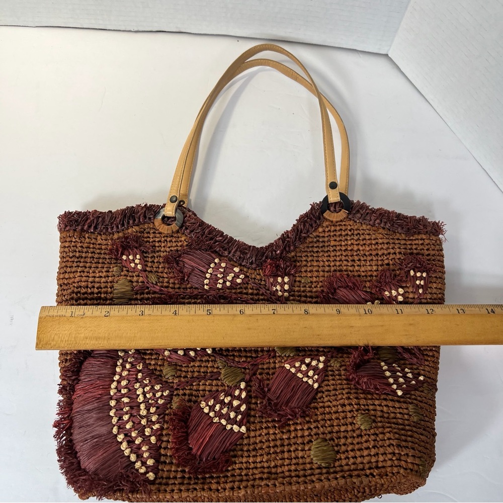 Jamin Puech Raffia Woven Tote Bag Embroidered Floral Pattern Leather Handles - Picture 13 of 15